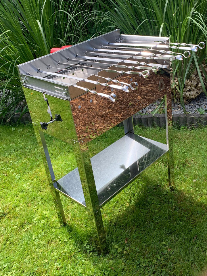 BIG Gerd Edelstahl Schaschlik Mangal Grill Set mit Drehspieß, Grillrosten & Spießen | Aganjok