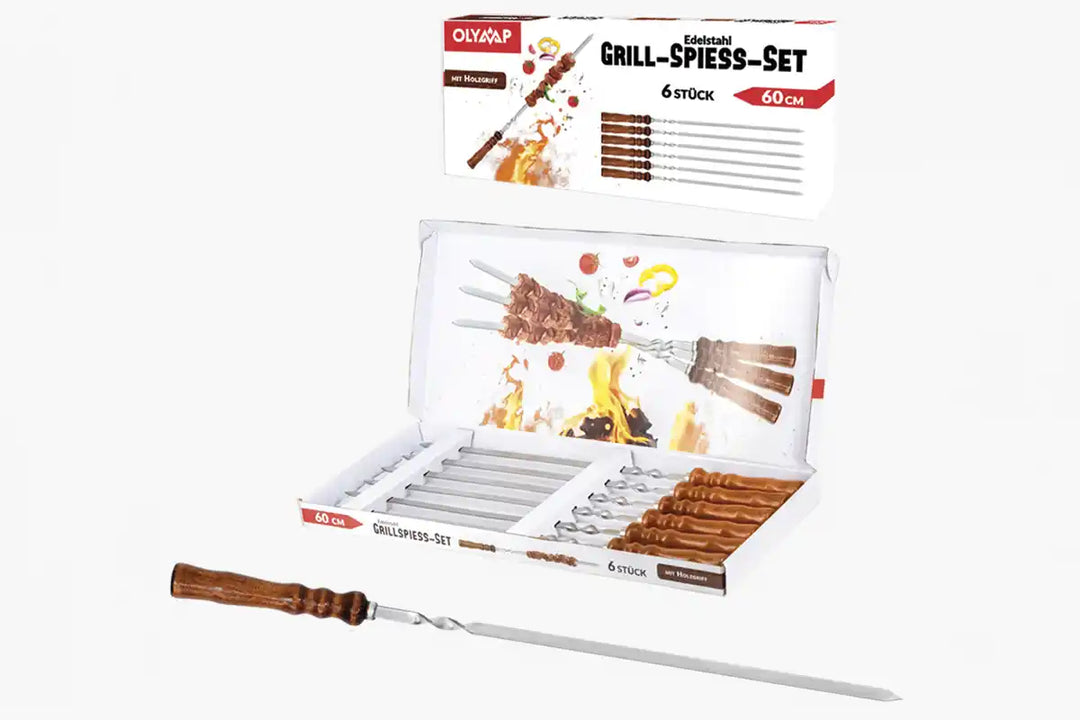 Grill-Spieß-Set mit Holzgriff – 6 Edelstahlspieße, 60 cm | Aganjok