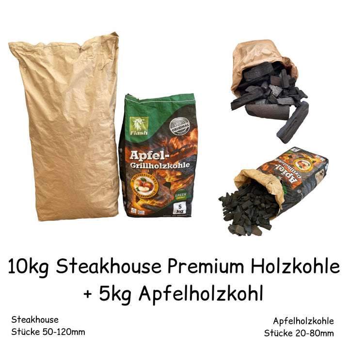 Grillmeister-Set: 10kg Steakhouse Holzkohle + 5kg Apfelholzkohle