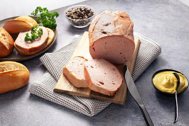 Leberkäse geschnitten auf Holzbrett und Brötchen mit Senf serviert