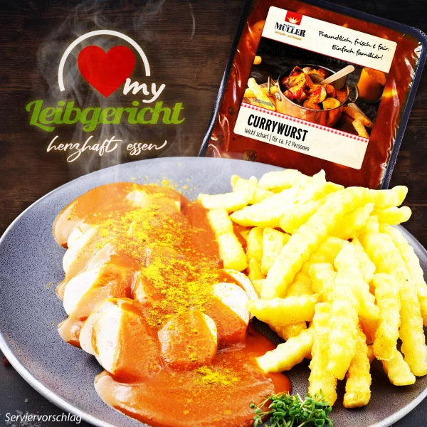 Currywurst mit Pommes auf Teller serviert und Produktbild Currywurst